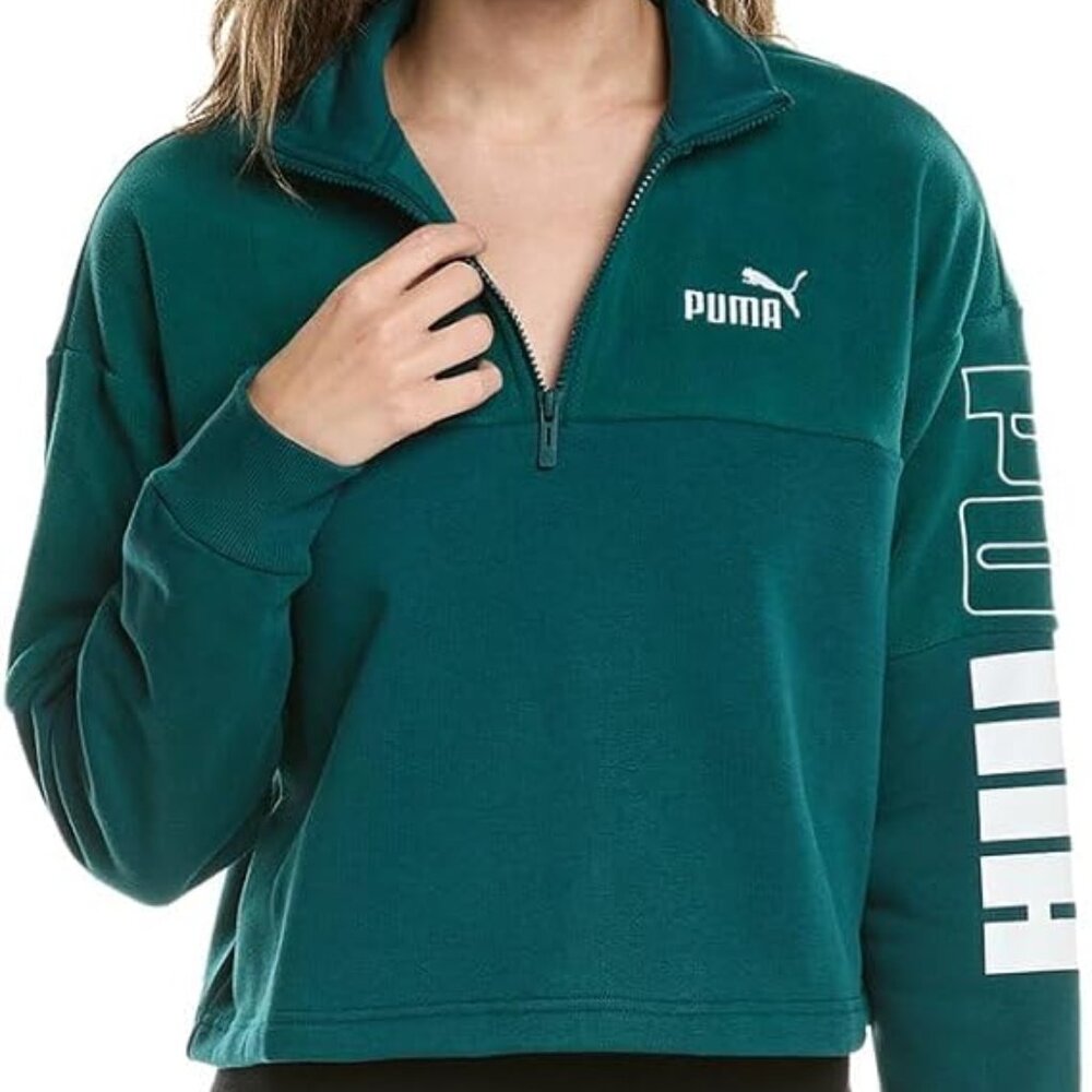 Puma Green Power Colorblock Crop Pullover Sweatshirt Crew Zip NWT Medium 8 10